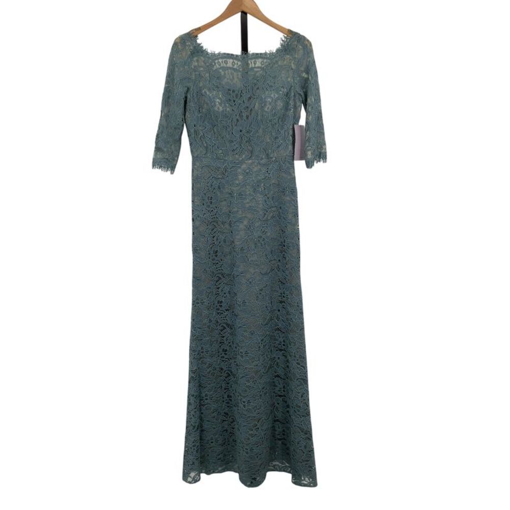 JS Collections Boat Neck Lace Long Gown With Three Quarter Sleeves Blue 6